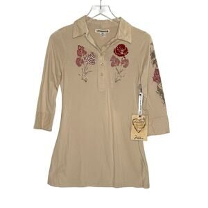 Lovestitch Popover Tan 3/4 Sleeve Shirt M NEW Floral Beaded Detail Western Y2K